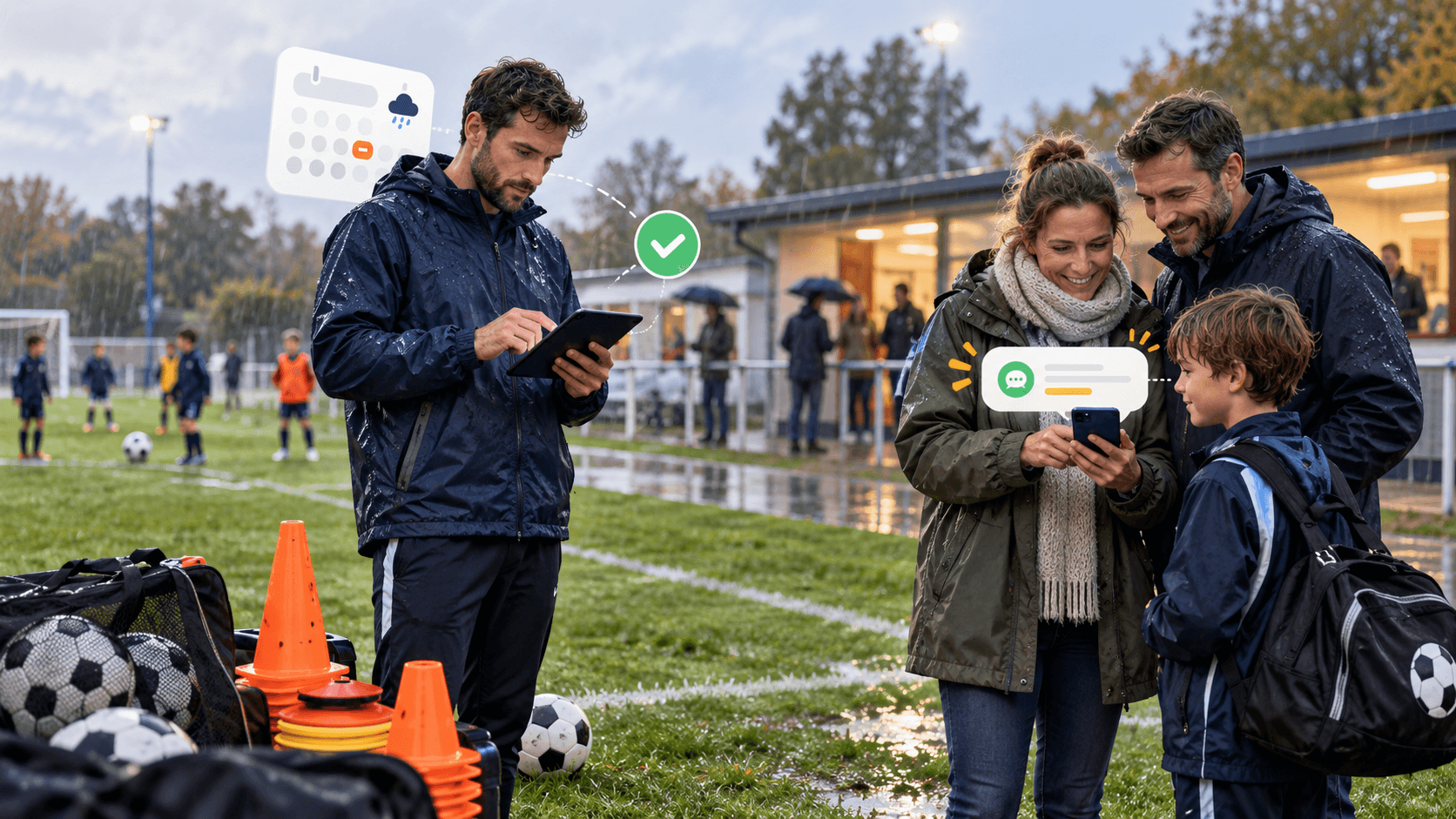 Illustration d'une annulation d'entraînement météo avec éducateur, parents, terrain pluvieux et notification mobile