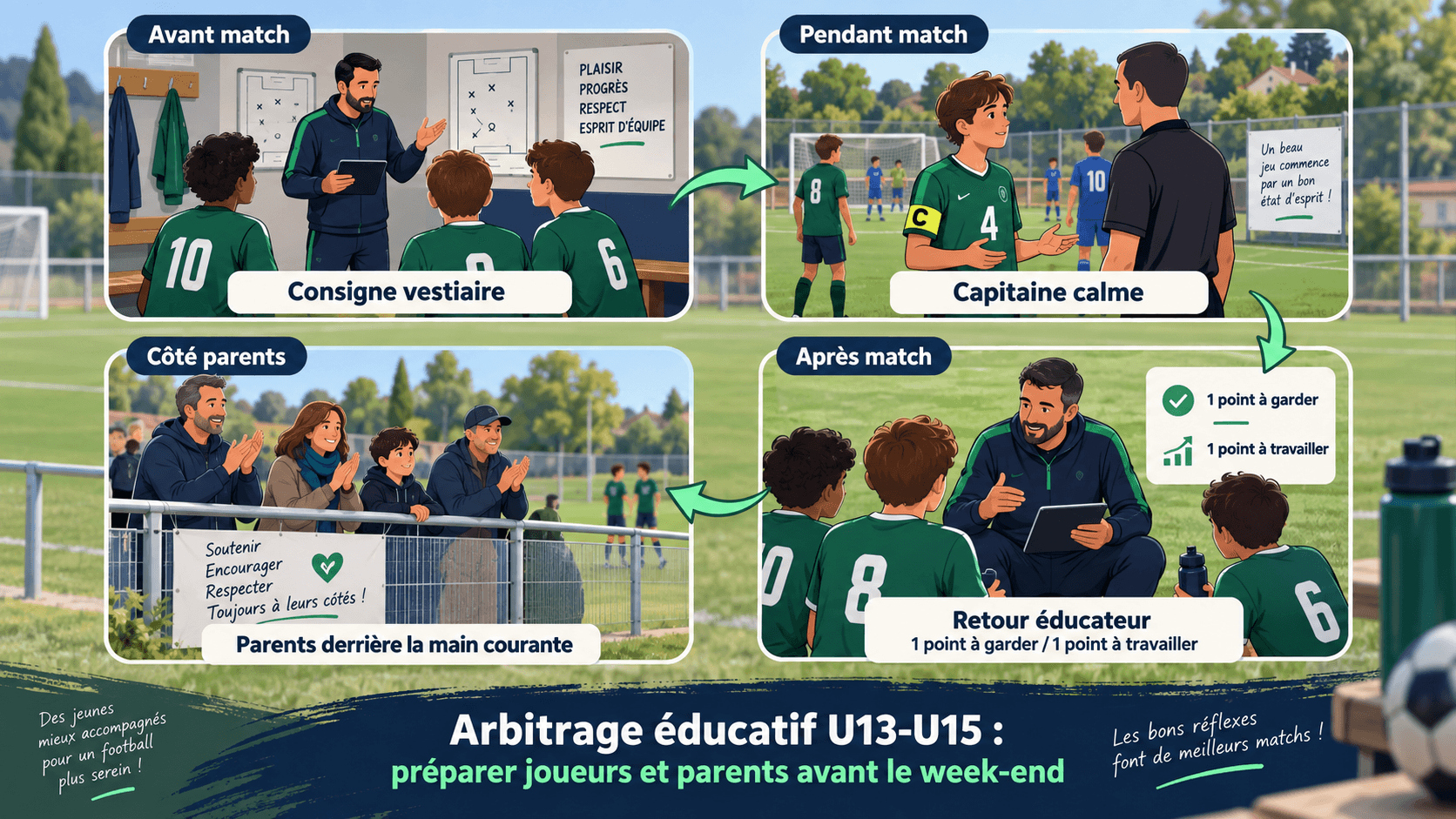 Schéma d'arbitrage éducatif U13-U15 pour préparer joueurs et parents avant un match de foot amateur