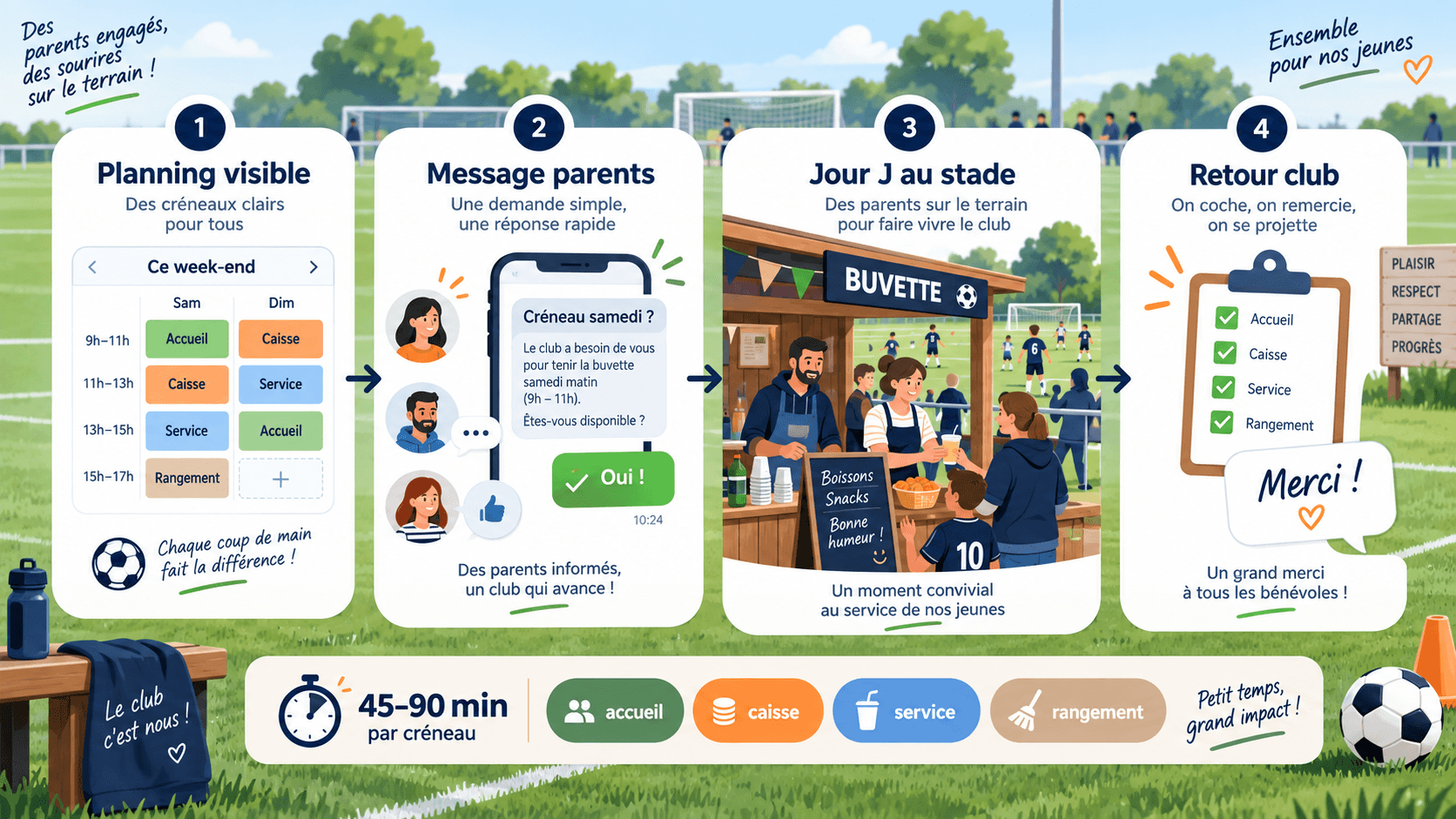 Schéma pour organiser une permanence buvette du samedi avec les parents dans un club de foot amateur