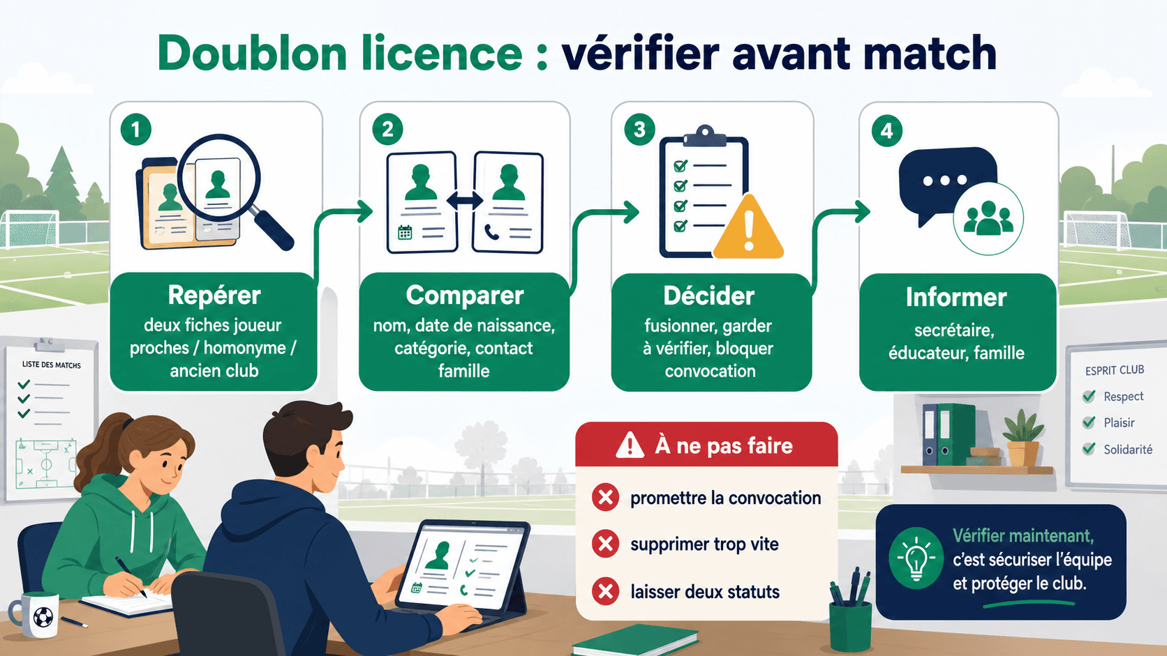 Processus pour traiter un doublon licence FFF et fiche joueur avant un match de foot amateur