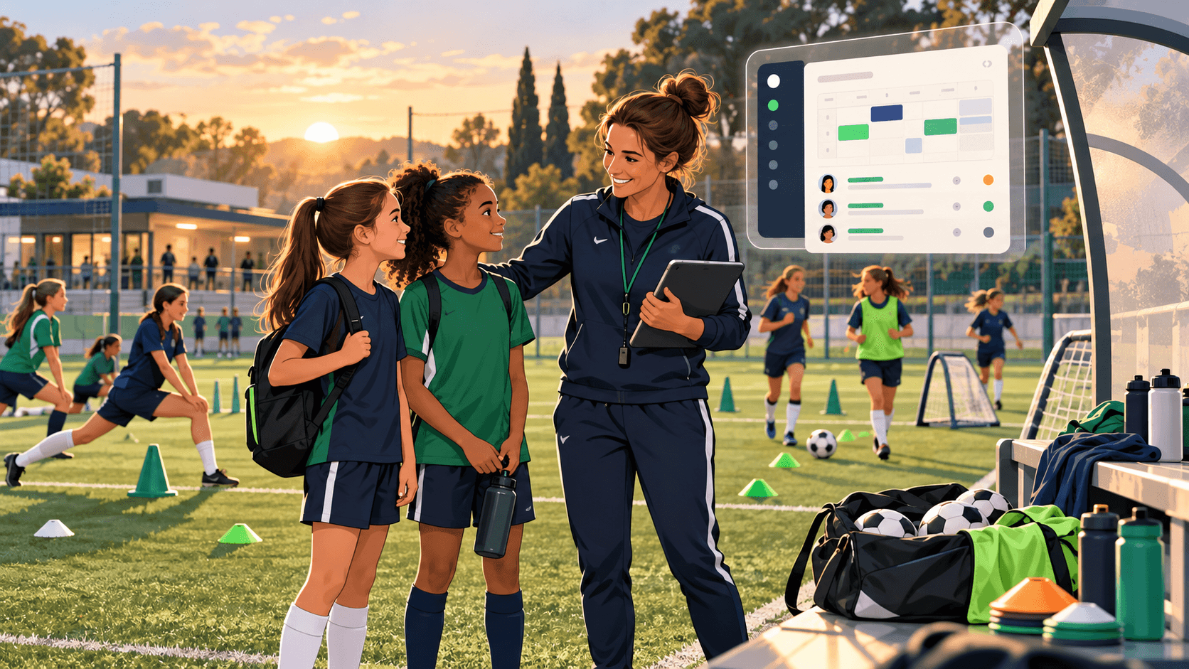 Illustration d'un accueil de nouvelles joueuses U13 U15 sur un terrain de football amateur avec éducateur et suivi d'équipe
