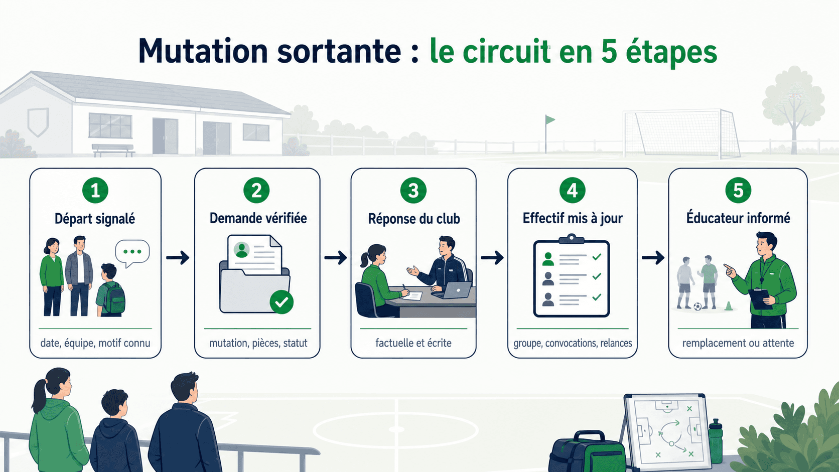 Schéma en cinq étapes pour gérer une mutation sortante ou un départ joueur dans un club de football amateur