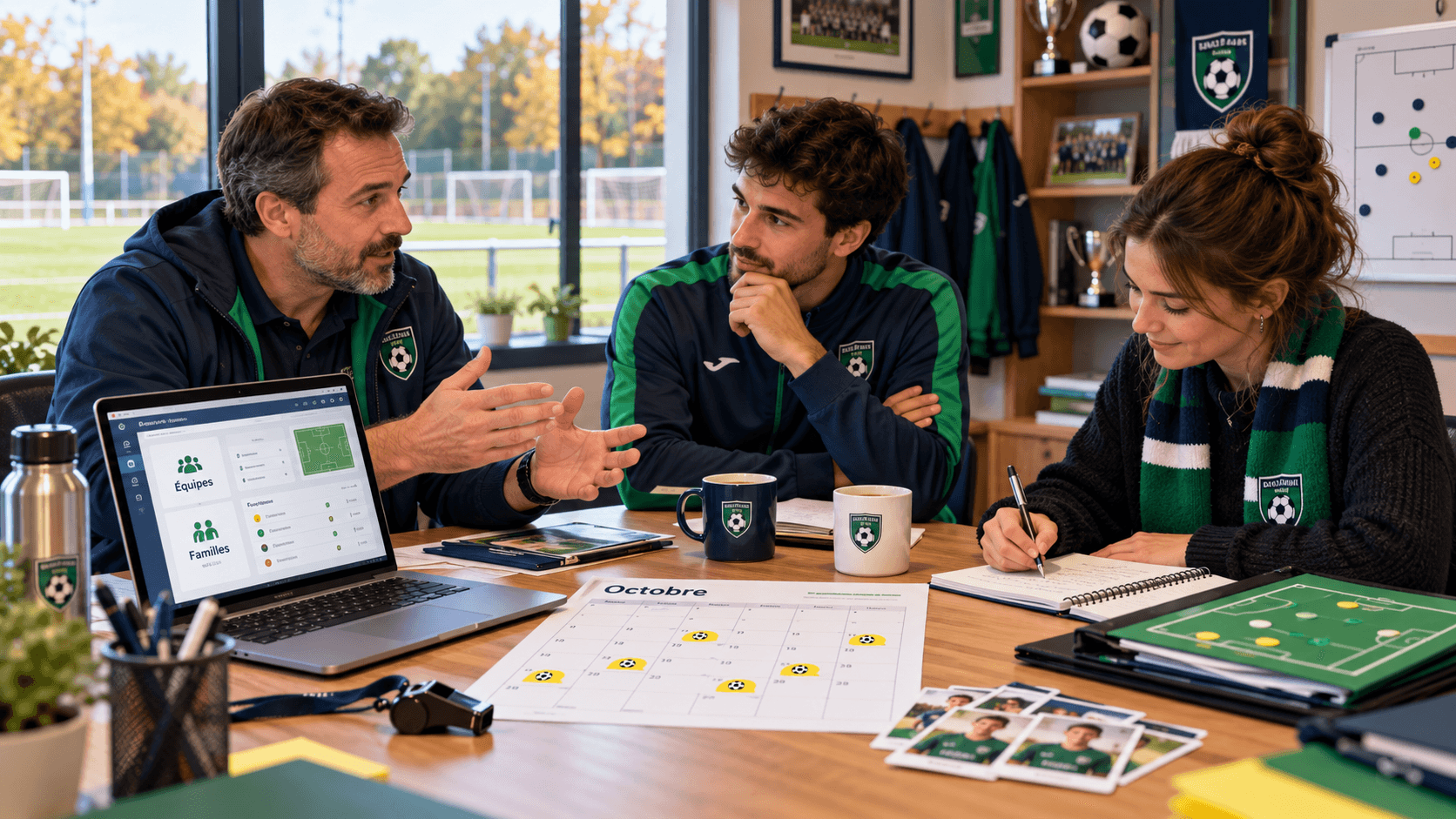 Illustration d'un point d'octobre entre dirigeants, éducateur et bénévole dans un club de foot amateur