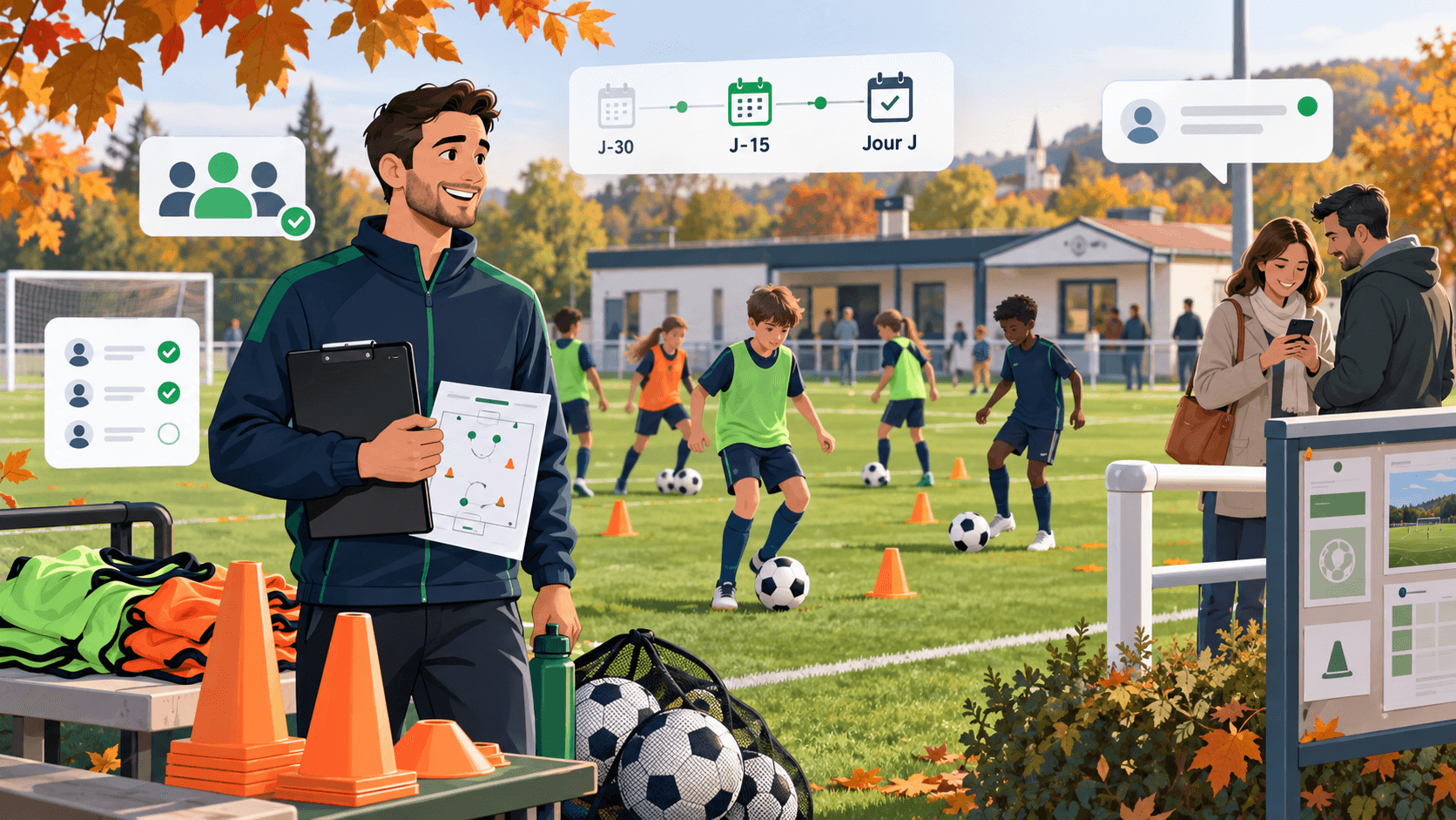 Illustration d'un stage de Toussaint organisé dans un club de foot amateur avec éducateur, enfants et parents