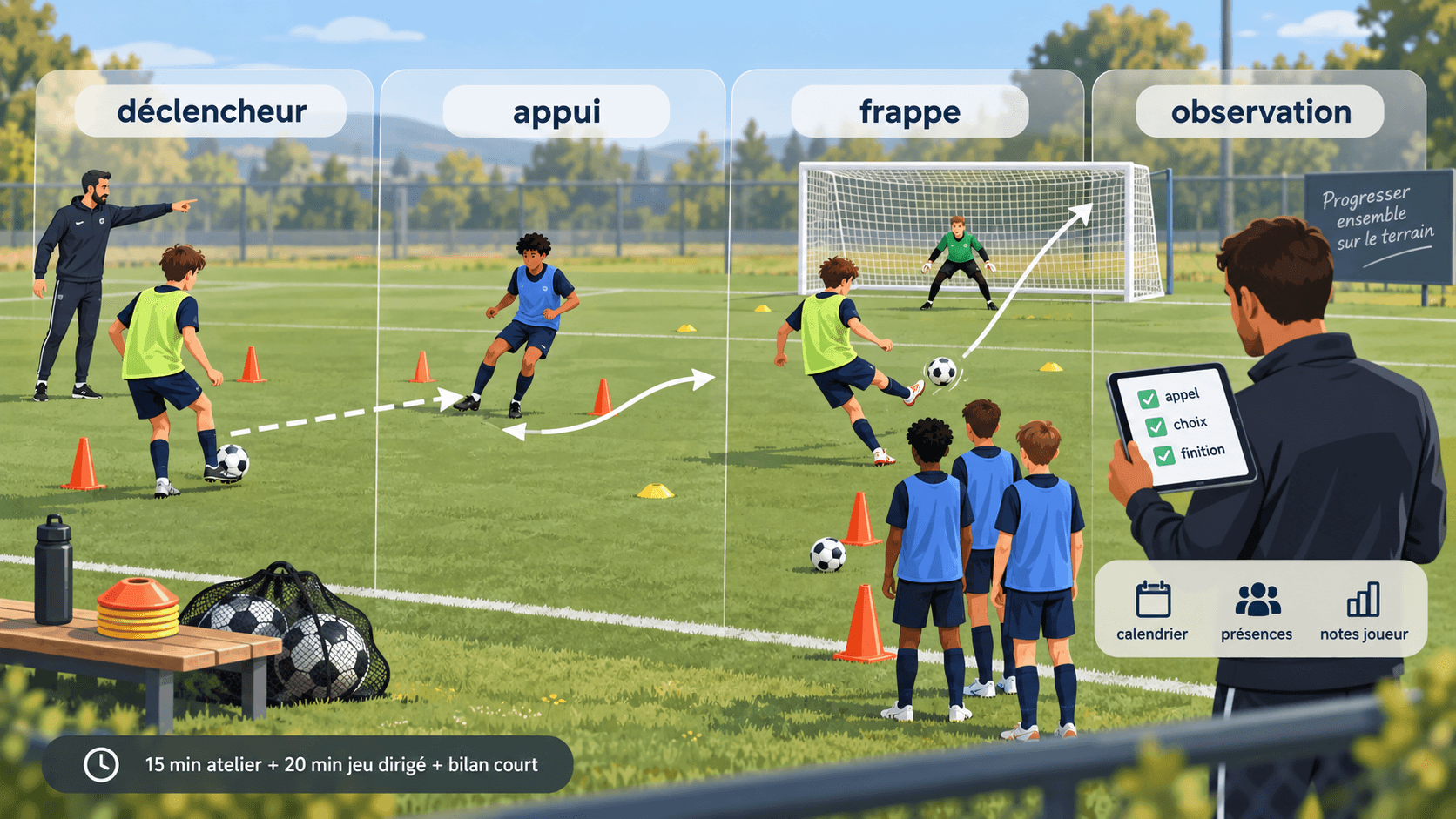 Schéma de séance finition U13-U15 avec déclencheur, appui, frappe et observation en club de foot amateur