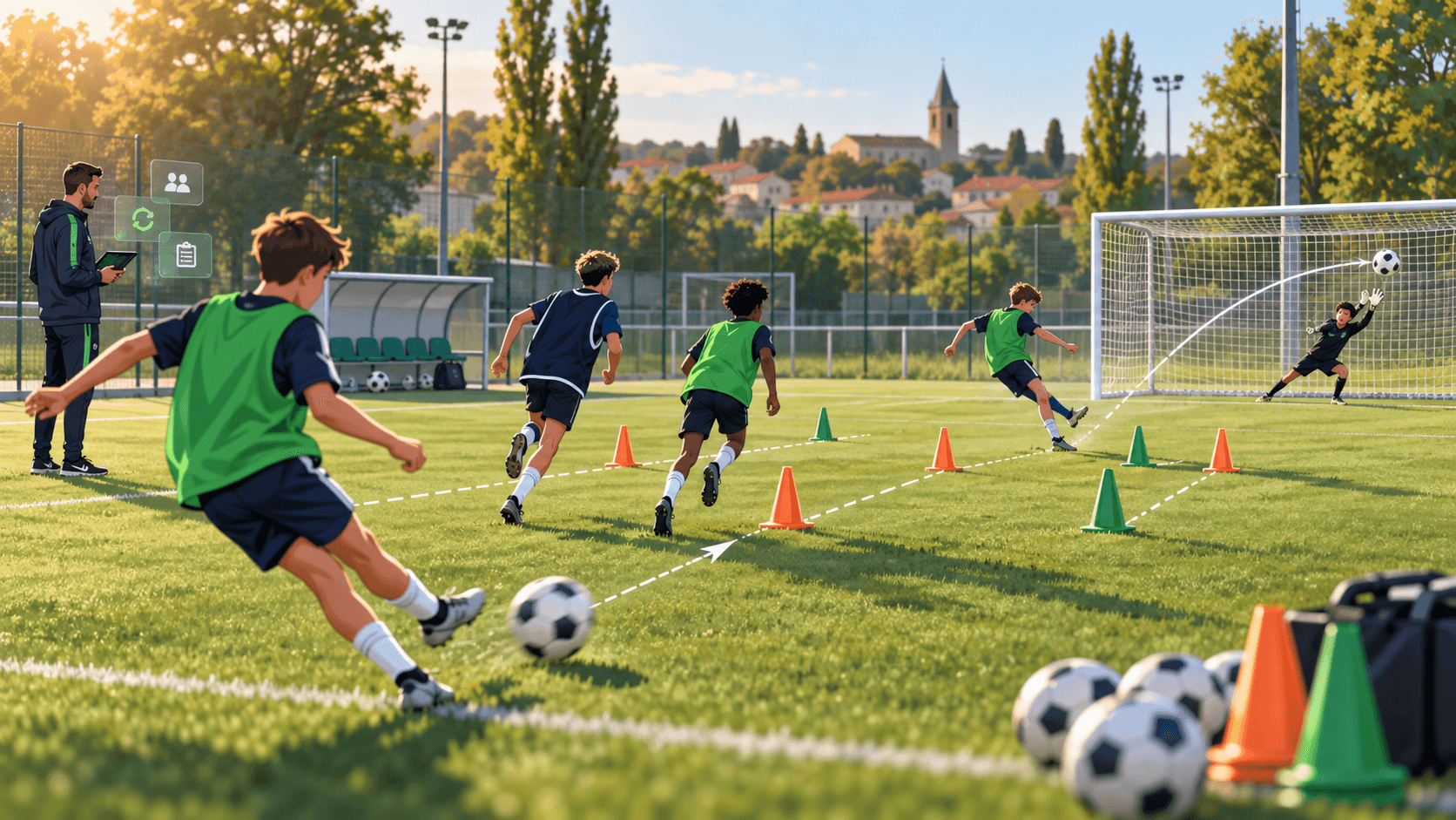 Illustration d'une séance de finition U13-U15 en club de foot amateur avec éducateur, joueurs, cônes et but