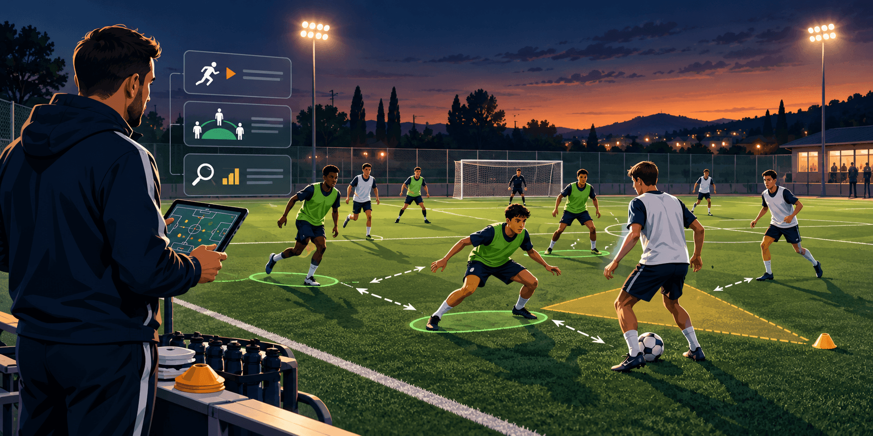 Illustration d'une séance pressing U17 en club de foot amateur avec éducateur, joueurs, cônes et tableau tactique
