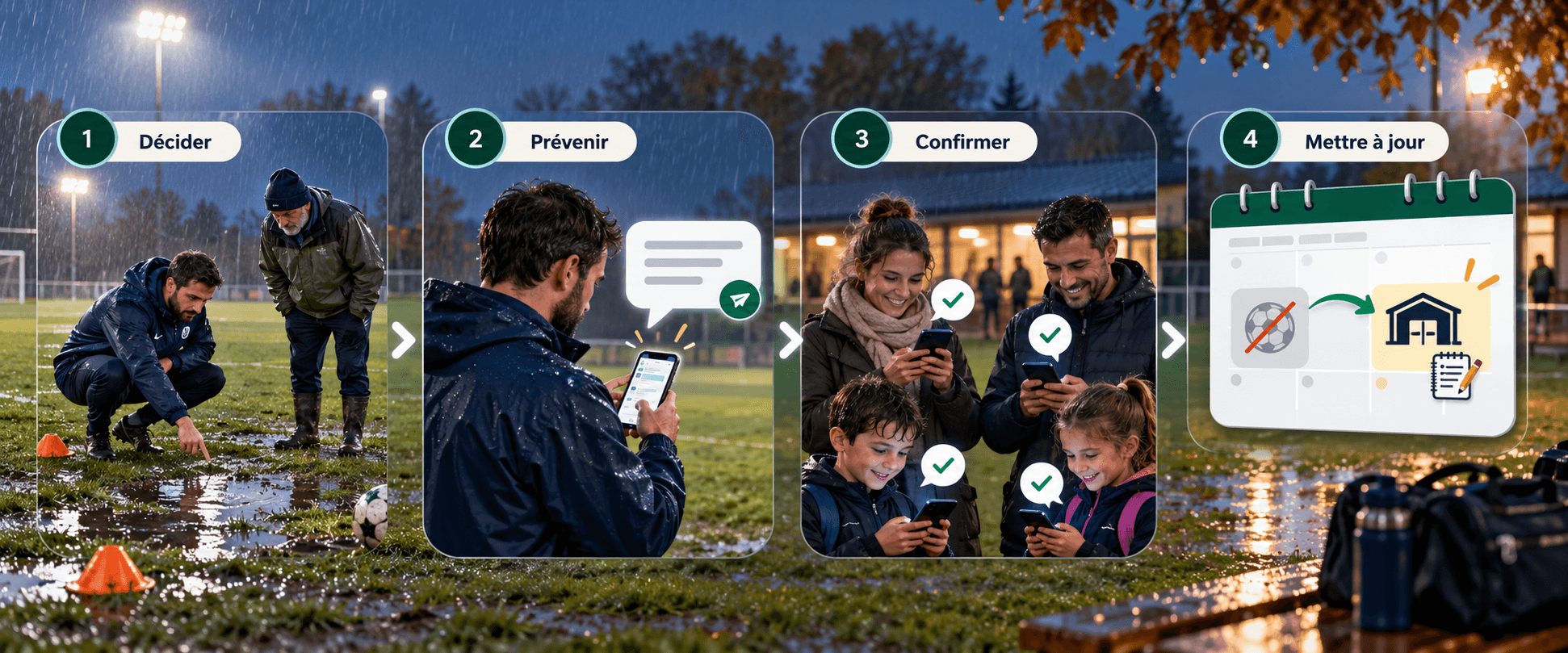 Workflow d'annulation d'entraînement météo avec décision terrain, message aux parents, confirmations familles et calendrier mis à jour