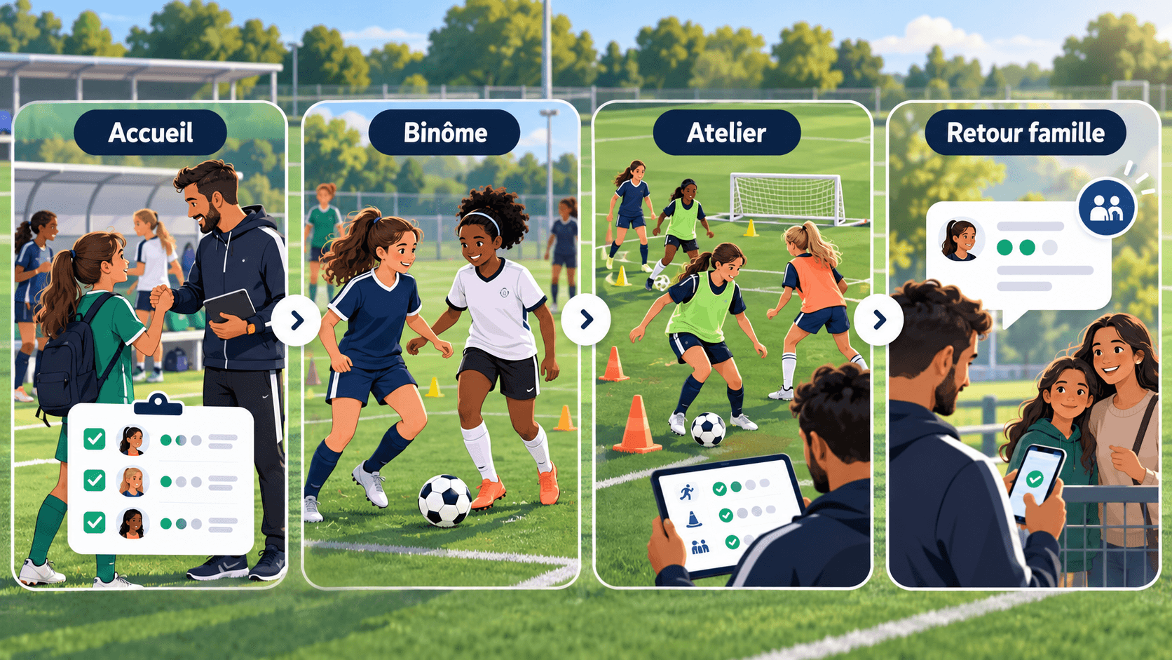 Workflow pour intégrer une nouvelle joueuse U13 U15 avec accueil, binôme, atelier progressif et retour famille