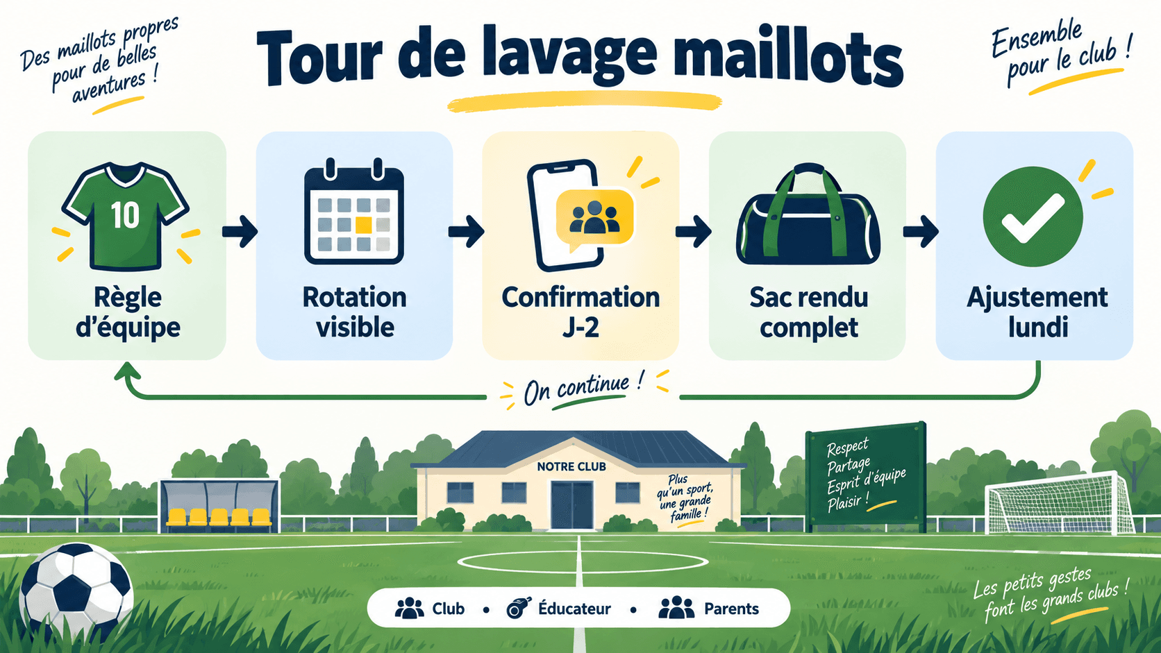 Cycle d'organisation du lavage des maillots par les parents dans une équipe de foot amateur