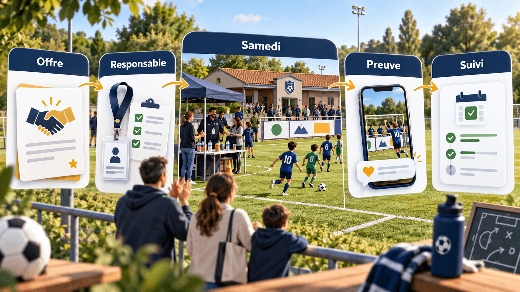 Workflow en cinq étapes pour activer un sponsor local le samedi dans un club de foot amateur