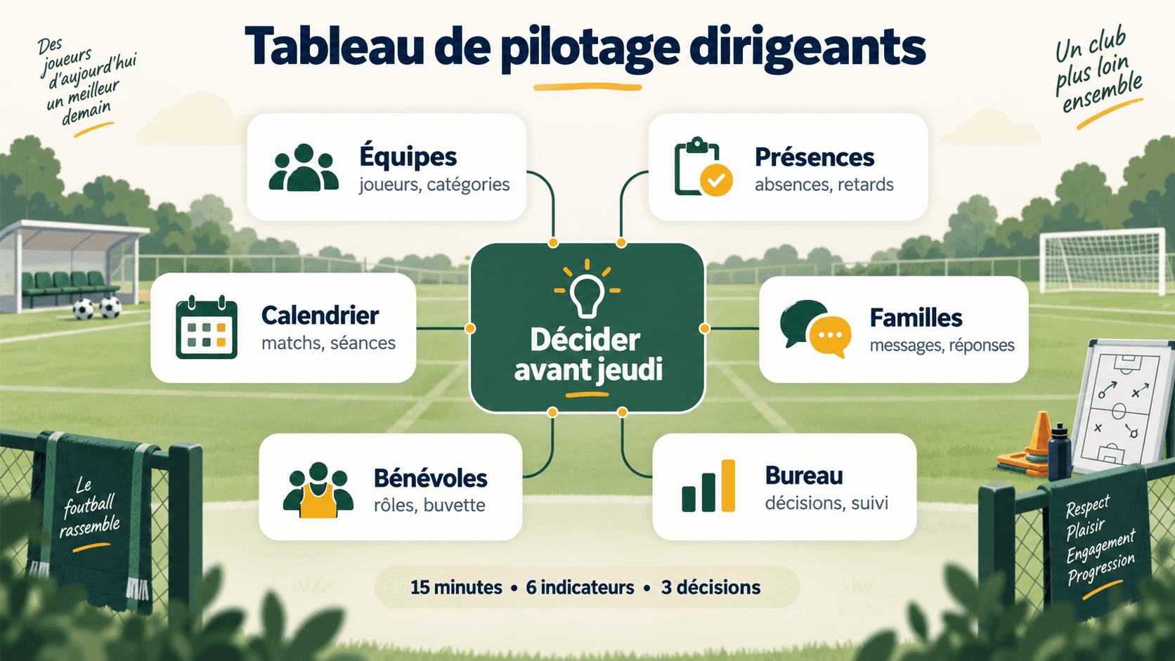 Tableau de pilotage dirigeants pour suivre équipes présences calendrier familles bénévoles et décisions bureau en club de foot amateur