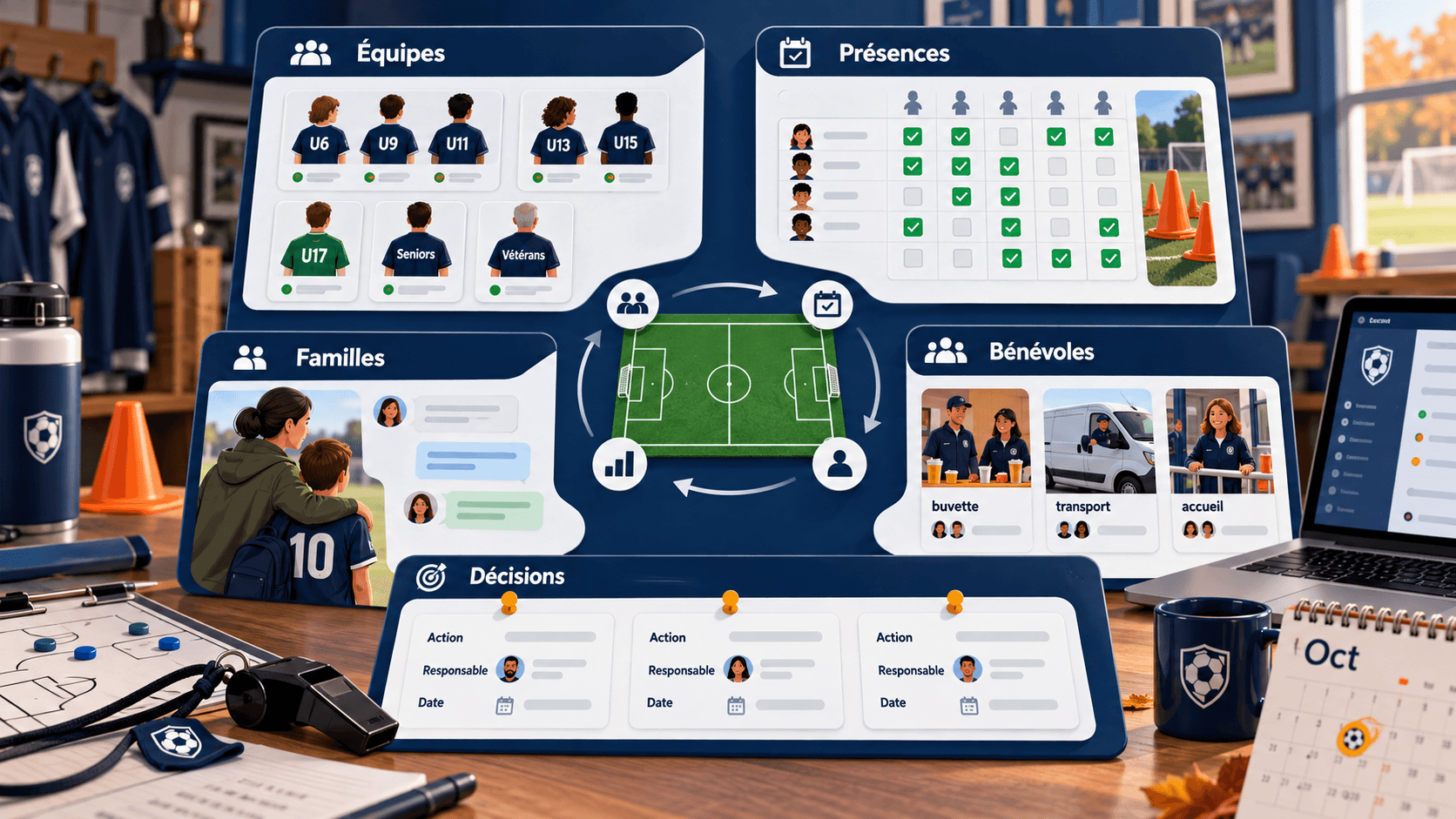 Schéma du point d'octobre dirigeants avec équipes, présences, familles, bénévoles et décisions dans un club de foot amateur