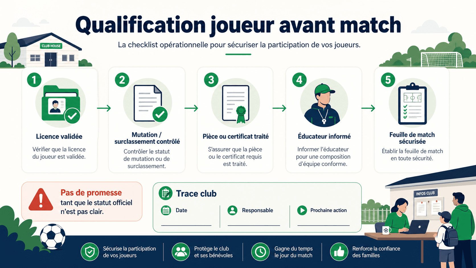 Checklist pour vérifier la qualification d'un joueur avant un match de football amateur