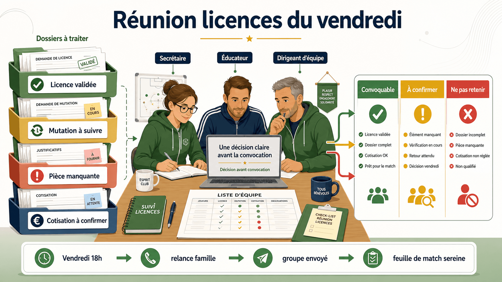 Réunion licences du vendredi pour transformer les dossiers FFF en décisions de convocation dans un club de foot amateur