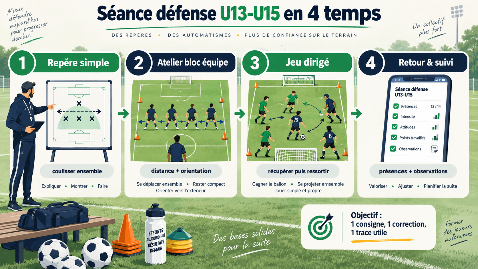 Schéma de séance tactique défensive U13 U15 en quatre temps pour club de foot amateur