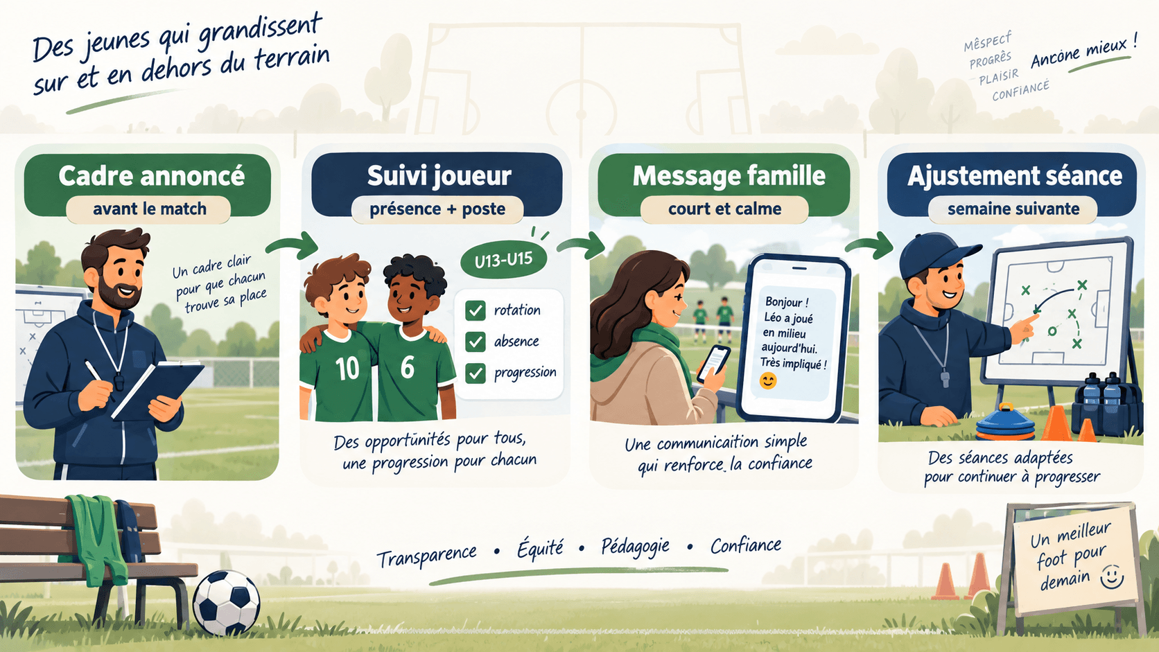 Schéma pour expliquer le temps de jeu U13 U15 aux parents dans un club de foot amateur
